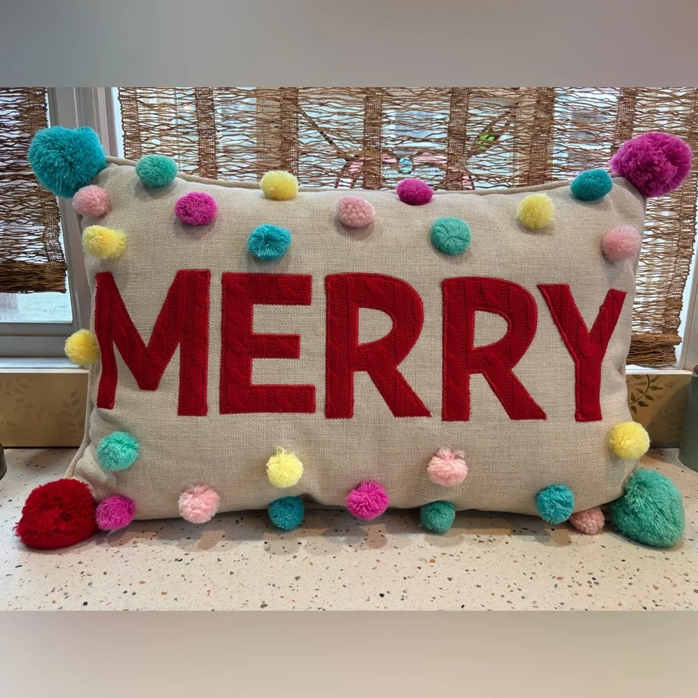 Festive 'MERRY' Holiday Pillow‎ with Colorful Pom-Poms